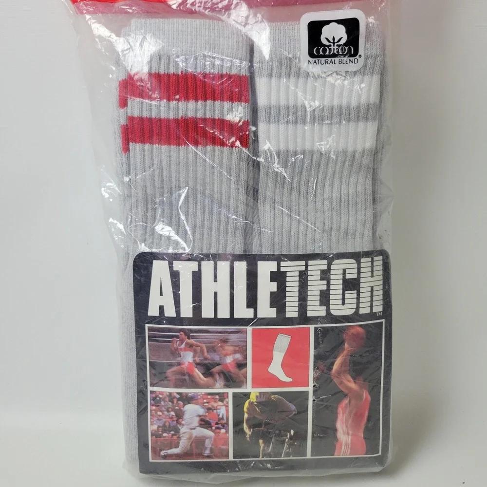 Vintage Athletech 6 Pair Mens Tube Socks Over The Calf Grey Striped KMart USA